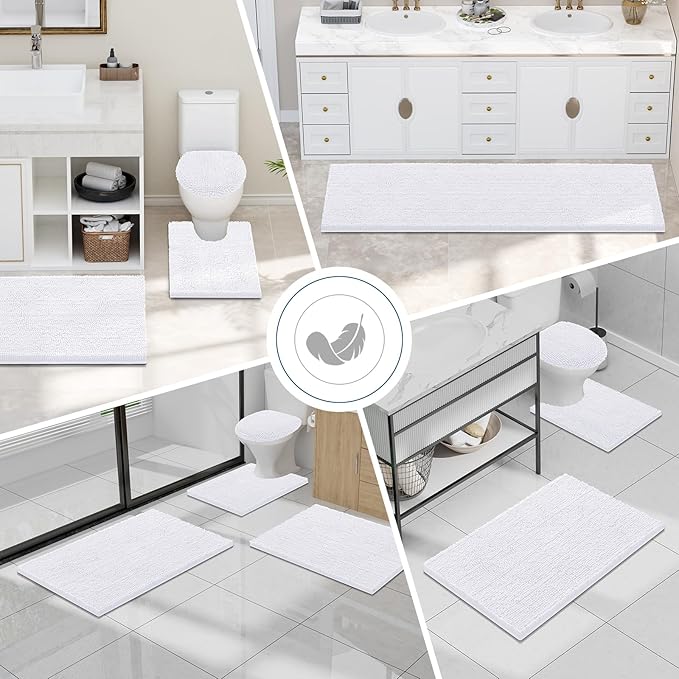 Smiry Luxury Chenille Bathroom Rugs 59x35, Extra Soft and Absorbent Shaggy Bath Mat, Machine Washable, Non-Slip Plush Carpet Runner for Tub, Shower, and Floor, Home Decor Accessories, White