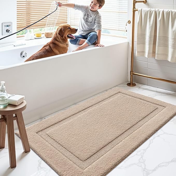 LUMI Large Ultra Soft Bathroom Rugs Non Slip with Rubber Backing, Absorbent Washable Bath Mat Quick Dry, Upgraded Premium Microfiber Plush Carpet for Bathtub and Shower Floor, Beige, 24x43