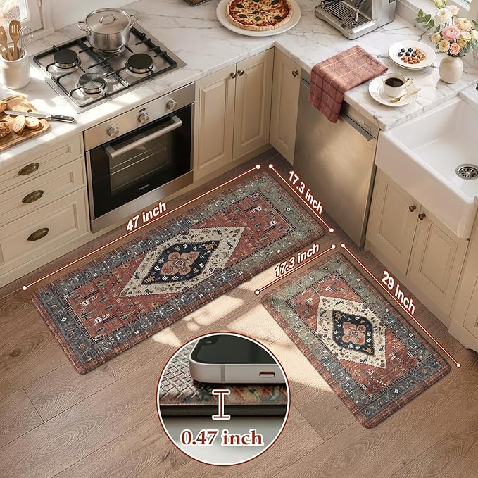 KIMODE Farmhouse Kitchen Mats, Anti Fatigue Kitchen Rugs Sets of 2, Non Slip Waterproof Kitchen Floor Mats, Ergonomic Cushioned Comfort Standing Mat, Red Laundry Room Rug for Office, Sink, Desk