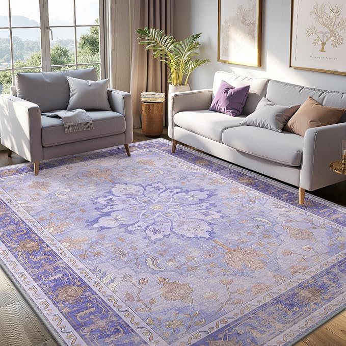 RELEANY Area Rugs 5'x7' Washable Non-Slip, Floral Vintage Distress Medallion Carpet for Living Room Bedroom Dining Room, Light Purple Brown