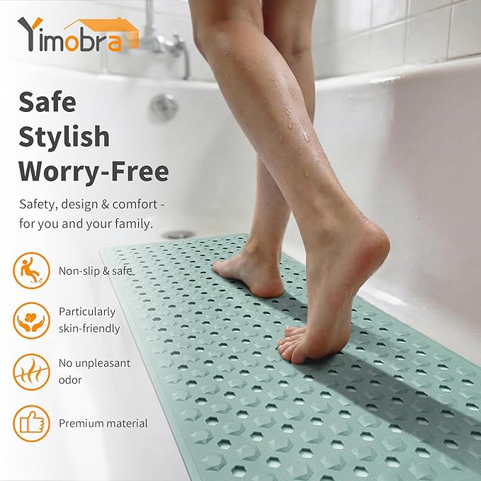 Yimobra Bathtub Shower Mat 27.5 x 15.5, Non Slip Bath Mats for Tub Floor with Drain Hole and Suction Cups, Soft on Feet, Machine Washable, Easy Dry, Light Green