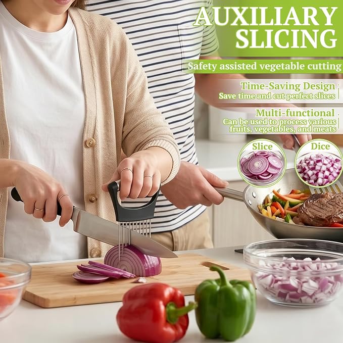 JAYVAR Onion Holder for Slicing,304 Stainless Steel Onion Slice Holder with 10 Long Needles,Onions Cutter Vegetable Chopper,Onions Chopper Tool,Food Slicing Guide for Neat Slicing,Tomato Potato Cutter