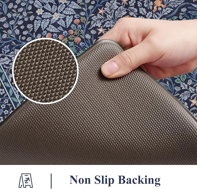 Collive Anti Fatigue Kitchen Mats, Cushioned Kitchen Rugs Set of 2 Waterproof Non Slip Desk Mat, Comfort Standing Rug Dark Blue Floral Carpet for Office, Sink, Laundry, 17.3"x29"+17.3"x47"