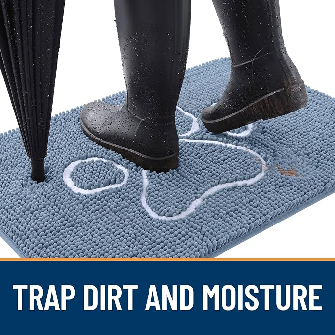 OLANLY Dog Door Mat for Muddy Paws 32x20, Paw Print Design, Absorbs Moisture and Dirt, Non-Slip Washable Doormat, Quick Dry Chenille Mud Mat, Entry Indoor Entryway Carpet, Airy Blue and White