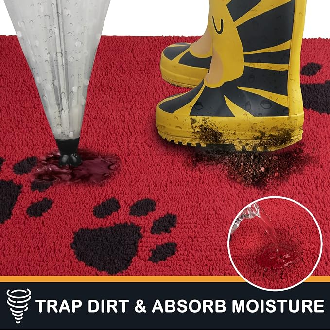 PURRUGS Dirt Trapping Door Mat 24" x 35.5", Non-Skid/Slip Machine Washable Microfiber Entrance Rug, Shoes Scraper, Dog Doormat, Super Absorbent Floor Mat for Muddy Wet Shoes and Paws, Red