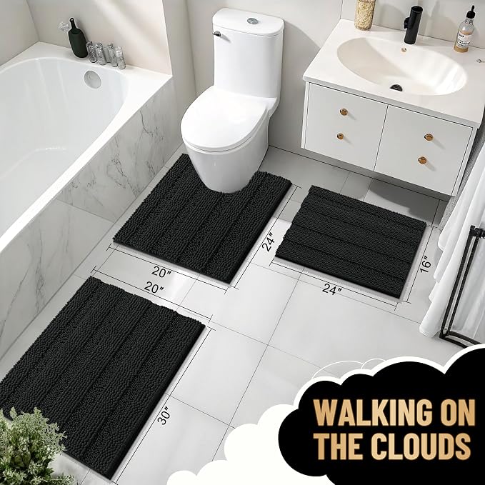OLANLY Thick Bathroom Runner Rugs 47x20, Extra Absorbent Chenille Striped Bath Rugs, Rubber Backing, Machine Wash Dry, Long Bath Mats for Bathroom Floor, Tub and Shower, Home Decor Accessories, Black