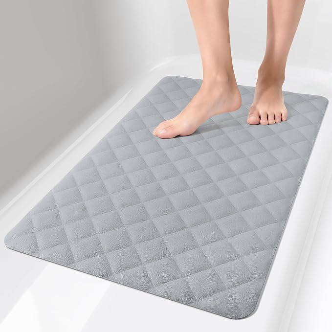 Yolife Bathtub Shower Mat Non Slip, Natural Rubber Bath Tub Floor Liner Mats with Strong Suction Cups for Inside Shower Bathroom, Machine Washable, Soft on Feet, 27.5 x 17 Inch, Grey