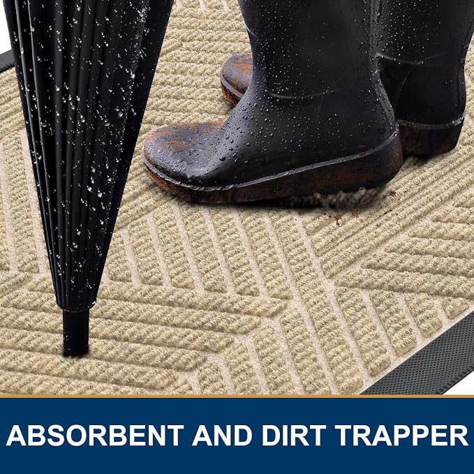 Smiry Front Door Mat Outside Entrance, Heavy Duty Sturdy Natural Rubber Doormat, Trap Dirt and Moisture, Easy Clean Low Profile Mats for Indoor Outdoor Entry, Irregular Triangle (29.5x17, Cream White)