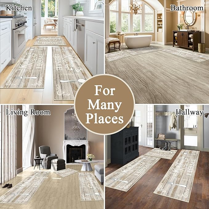 Vaukki Boho Kitchen Rug Sets 3 Pieces, Washable Kitchen Mats for Floor, Non Slip Soft Kitchen Area Rug Floor Mat for Kitchen, Laundry Room and Hallway (Light Brown, 20''x32''+20''x47''+20''x59'')