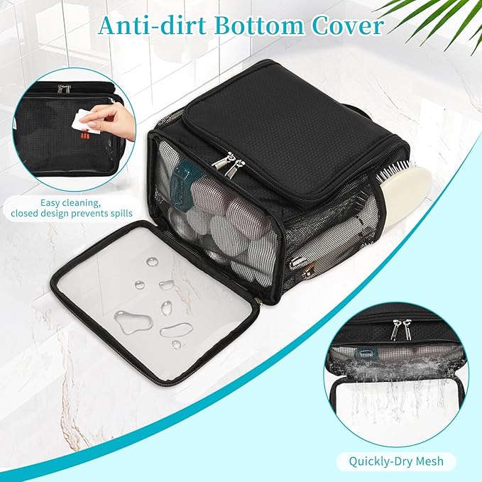 Mesh Shower Caddy Portable, Toiletry Bags for Travel, Hanging Shower Organizer Tote Bag for College Dorm Students Girls Boys, Dry and Wet Separation with Metal Hook