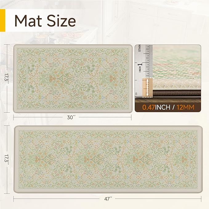 Kitchen Mats for Floor Thick Anti Fatigue Waterproof Vintage Spring Floral Kitchen Rugs 2PCS Cushioned Non Slip Green Comfort Standing Mats for Sink Laundry Office 17.3"×47"+17.3"×30"