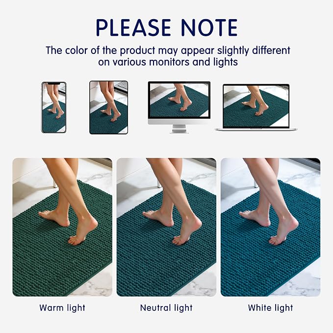 SUBRTEX Bathroom Rugs, 24" x 36" Chenille Bath Rug Soft Short Plush Bath Mat Soft Shower Mat Water Absorbent Shower Mat Quick Dry Machine Washable, Teal