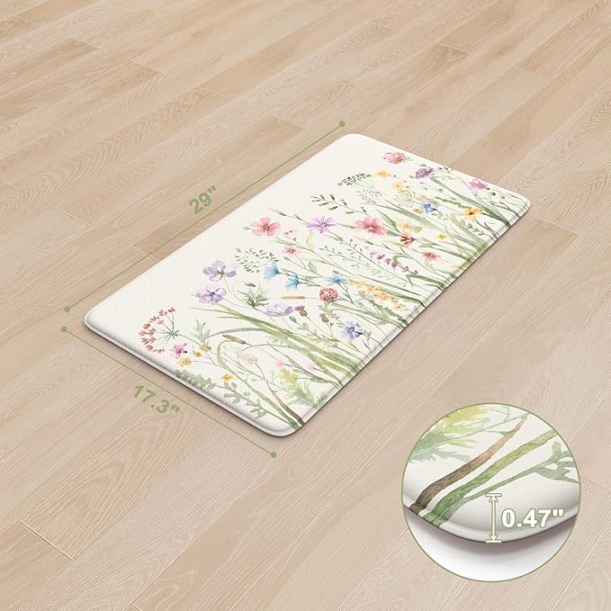 KIMODE Anti Fatigue Kitchen Mat 17.3"x29", Boho Floral Kitchen Floor Mats Non Slip, Waterproof Kitchen Mat for Floor, Padded Comfort Standing Mat for Laundry, Office, Sink, Desk White