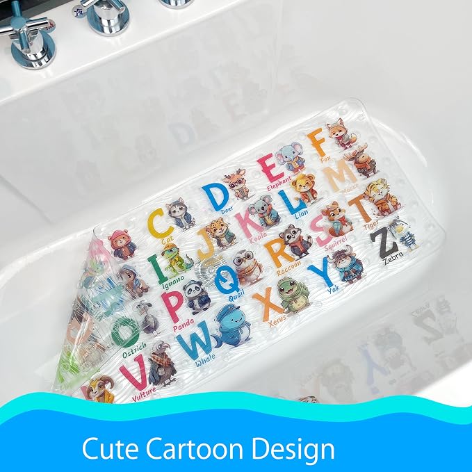 BEEHOMEE Bath Mats for Tub Kids,Baby Toddler - Large Cartoon Non-Slip Bathroom Bathtub Anti-Slip Shower Mats for Floor 35x15,Machine Washable XL Size Bathroom Mats (Cute Animals)