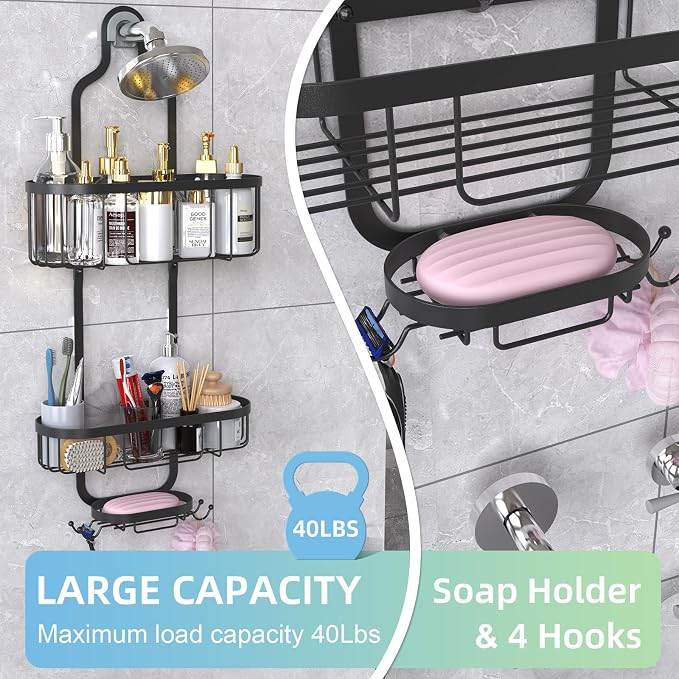 Shower Caddy Hanging, Bathroom Shower Rack, Bathroom Organizer with Soap Dish, Over The Showerhead Caddy with Hooks for Razor/Sponge, Black