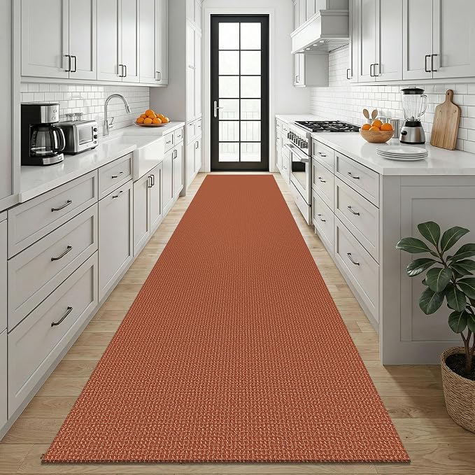 KOZYFLY Orange 3x12 Runners Rugs for Hallway, Long Washable Runner Rug, Woven Non Slip Kitchen Runner, Braided Entryway Rug, Floor Carpet for Entry, Aisle, Hall, Burnt Orange/Tan