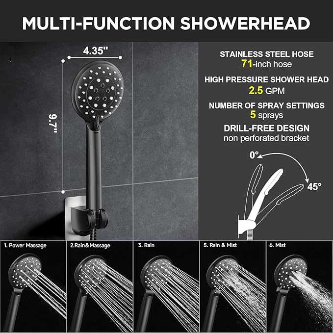 Veken 11.8" Rain Shower Head with Handheld, High Pressure Handheld Shower Heads with Multi Spray Modes, Rainfall Combo with 15" Metal Extension Arm,Detachable Dual Shower, Long 6 ft. Hose,Matte Black