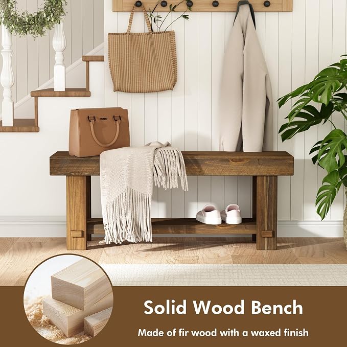 HOKYHOKY Solid Wood Entryway Bench - 42.6" Farmhouse Long Storage Benches, Narrow Bench Seat for Indoor, Entryway, Dining Room, Living Room, Bedroom and Hallway, Rustic Natural