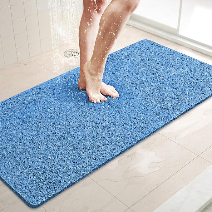 LuxStep Shower Mat Bathtub Mat,40x16 inch, Non-Slip Bath Mat with Drain, Quick Drying PVC Loofah Bathmat for Tub,Shower,Bathroom,Lake Blue