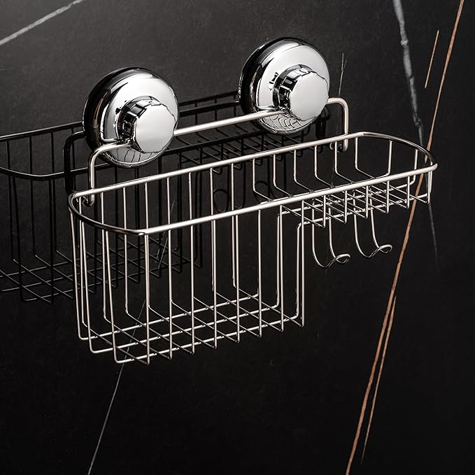 HASKO Suction Cup Shower Caddy Basket for Shampoo, Shower Suction Shelf Organizer, Basket with Soap Holder and Hooks, Stainless Steel Shampoo Holder for Bathroom Storage, Chrome