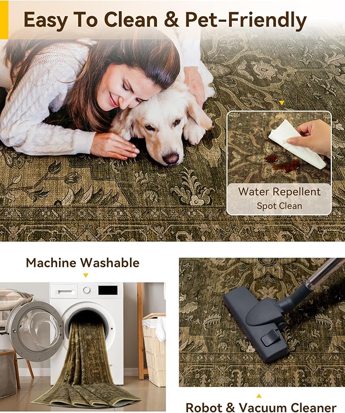 RELEANY Area Rugs Large 10'x14' Washable Non-Slip, Floral Vintage Distress Medallion Carpet for Living Room Bedroom Dining Room, Brown Dark Brown