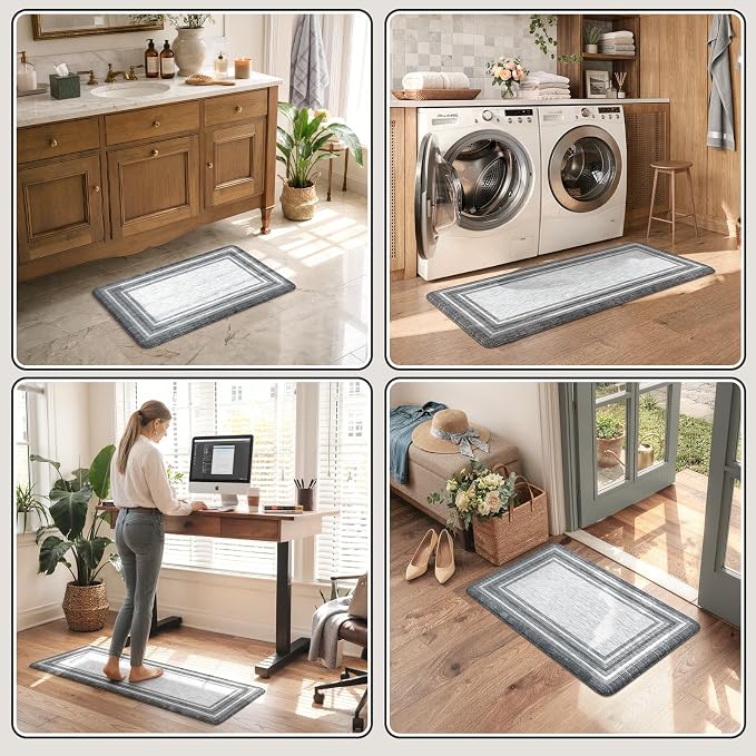 KIMODE Anti Fatigue Kitchen Mats for Floor 2 Piece,17"x47"+17"x29" Farmhouse Kitchen Rugs Non Slip Rubber Backing,Waterproof Cushioned Standing Mat for Home Decor,Office,Laundry Room,Sink,Desk,Grey