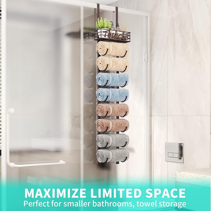 HapiRm Towel Racks for Bathroom Storage - 9 Tier Over The Door & Wall Mount Rolled Towel Storage Organizer Holder with Metal Shelf Basket for Small Bathroom, Camper, Rv - Bronze, Patented