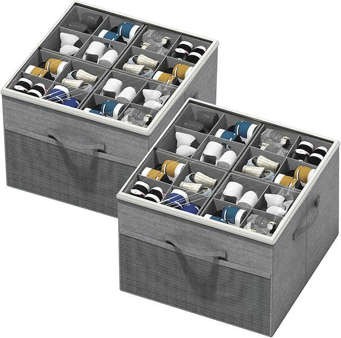 Aokeyee Shoe Organizer for Closet,2 Pack Foldable Shoe Storage Organizer Box Bin with Adjustable Dividers and Clear Cover, Fits up to 16-32 Pairs