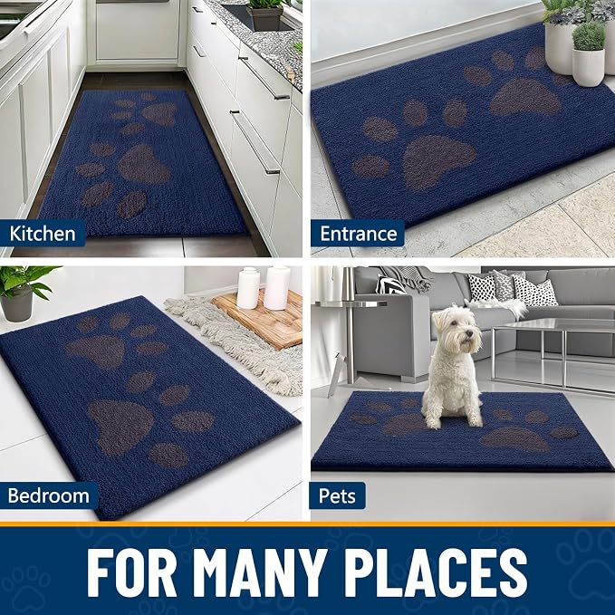 Smiry Dog Door Mat for Muddy Paws, Absorbs Moisture and Dirt, Low-Profile Entryway Mat with Non-Slip Backing, Entry Indoor Outdoor Doormat for Inside Floor (36x24 Inches, Navy Blue, Paw)