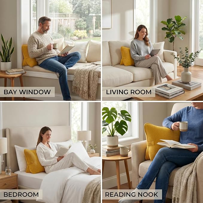 Pat. Pend. Corduroy Reading Back Pillow with Lumbar Support, Triangle Backrest Cushion for Bed Sitting & Relaxing, Support Pillow for Sofa or Headboard, Bright Yellow