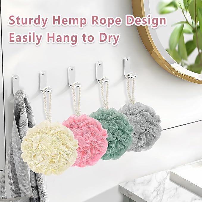 Rnoafmu Shower Loofah Bath Sponge, 60G Loofah Exfoliating Body Scrubber, 4 Color Mesh Shower Pouf Balls for Body Wash (Pink Green White Gray)