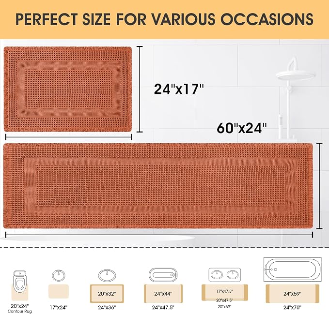 Upgrade Waffle Bath Mat Set 2 Piece, Boho Bathroom Rugs Absorbent Non Slip, Ultra Soft Bathroom Mat, Machine Washable Knit Bath Rugs with Tassels for Bathroom, Bedroom, Kitchen, Shower, Burnt Orange