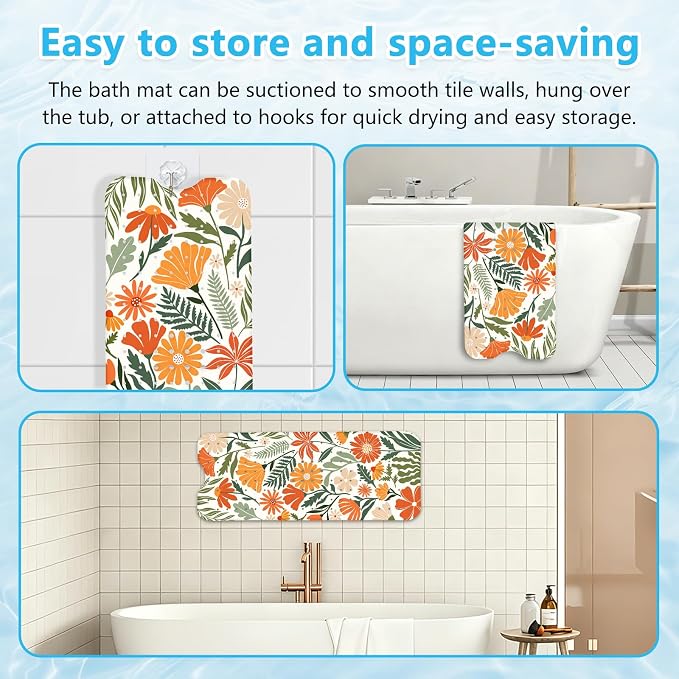 Bath Mat for Tub Non Slip, Aesthetic Bathtub Mats for Girls Non Slip Shower Mat Machine Washable 40"x16" Vintage Flora Tub Mats with Suction Cups and Drain Holes French Retro Style Bath Decor Women