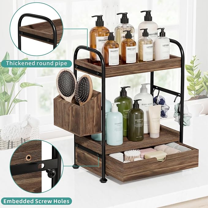 Kottwca 2-Tier Bathroom Counter Organizer with Drawer, Wooden Vanity Skincare Storage Shelf with Thickened Metal Frame, Countertop Shelf with Basket & Hooks for Makeup Organization,Dark Brown