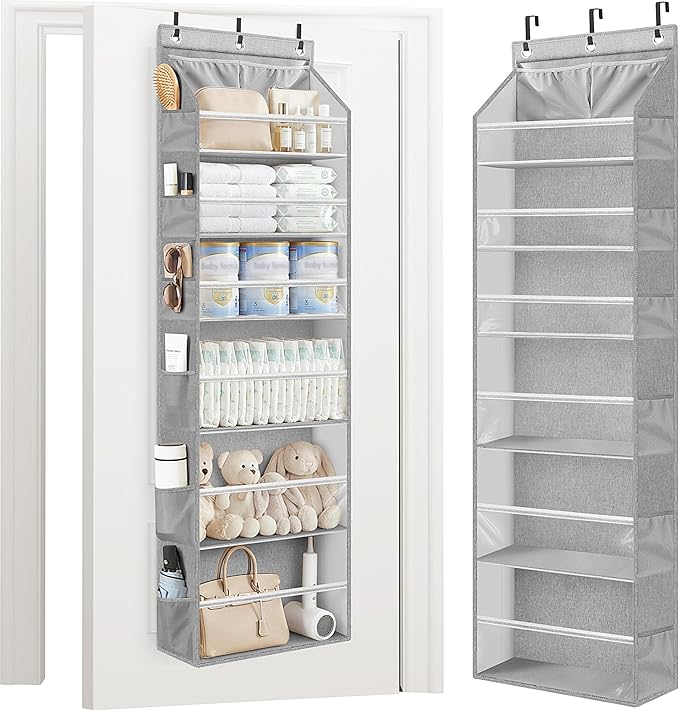 STORAGE MANIAC Over the Door Organizer 6-Shelf Closet Hanging Storage with 14 Mesh Pockets, 66lbs Capacity Clear Deep Pockets Behind Door Storage for Nursery, Bathroom, Bedroom, 1 Pack Grey