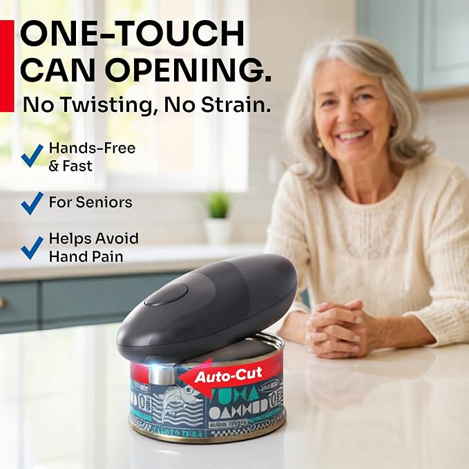 MUELLER HOME SmoothEdge Auto Electric Can Opener – Battery‑Operated One‑Touch w Magnet Lid Lifter, Smooth‑Edge Cut Technology – Portable Hands‑Free Automatic Can Opener for Seniors & Arthritis, Gray