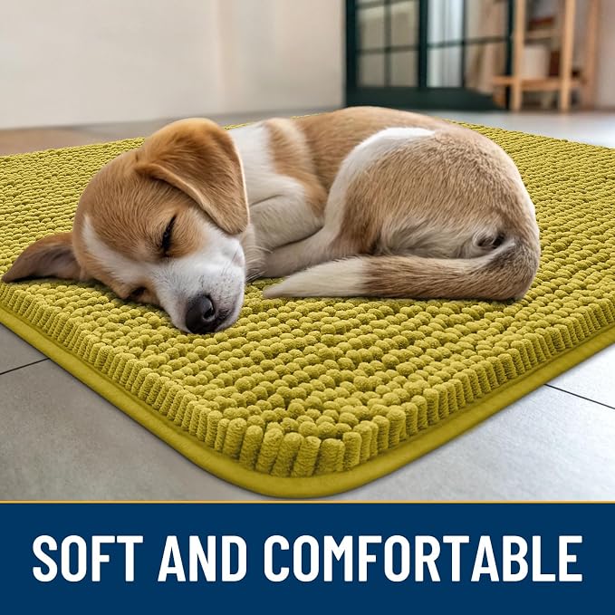 Smiry Dog Door Mat for Muddy Paws 30x20, Absorbent Dirt Trapper, Non-Slip Washable Chenille Entryway Rug for Inside Floor, Mustard Yellow, Classic Solid