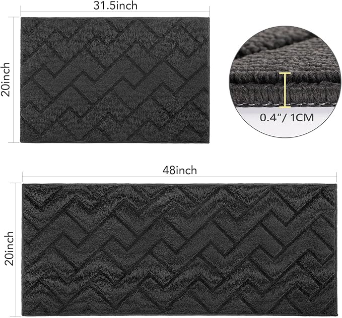 hicorfe Kitchen Runner Rugs and Mats Sets,2 Pieces Absorbent Non-Slip Kitchen Rug,Comfort Kitchen Mat for Floor,Washable for Kitchen,Hallway,Office,Sink,Laundry(20"x48"+20"x32",Charcoal)