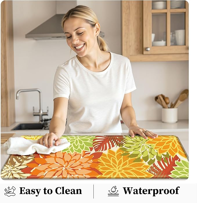 Arenarug Kitchen Mats for Floor 2PCS Cushioned Anti Fatigue Kitchen Mats Waterproof Non Slip Kitchen Rug Set Foam Standing Mat for Sink, Laundry, Office,17.3" x 28" + 17.3" x 59", Maple Orange