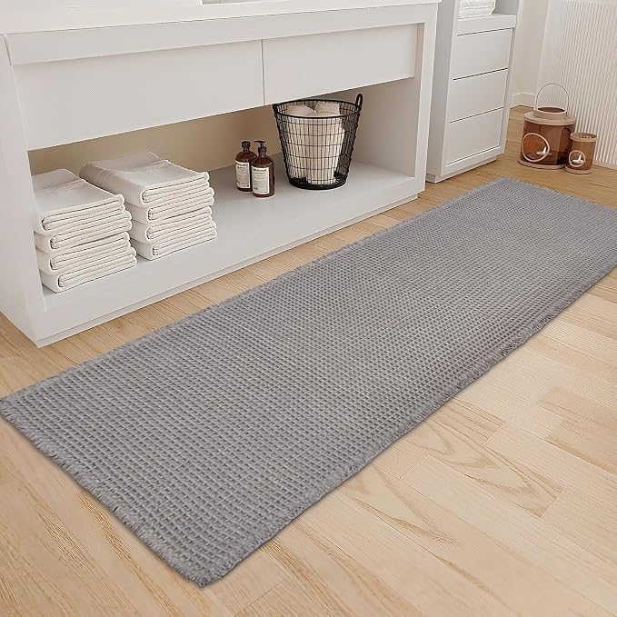 ZALL Grey Waffle Bath Mat,Super Absorbent Non Slip Long Bathroom Runner Rug,Gray 24X72inch,Machine Washable Ultra Soft Floor Mats
