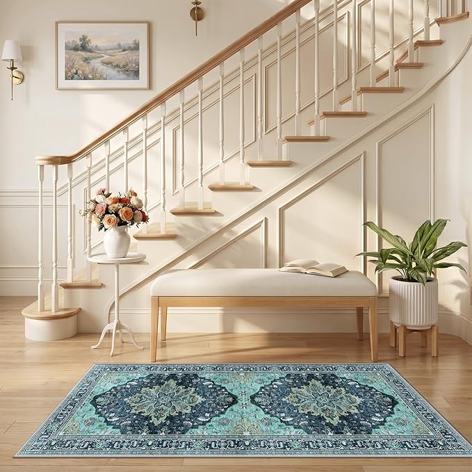 RELEANY Area Rugs Runner 2'6"x5' Washable Non-Slip, Floral Vintage Distress Medallion Carpet for Kitchen Hallway Bedroom Beside Laundry Room Bathroom, Teal Green Lake Blue Turquoise