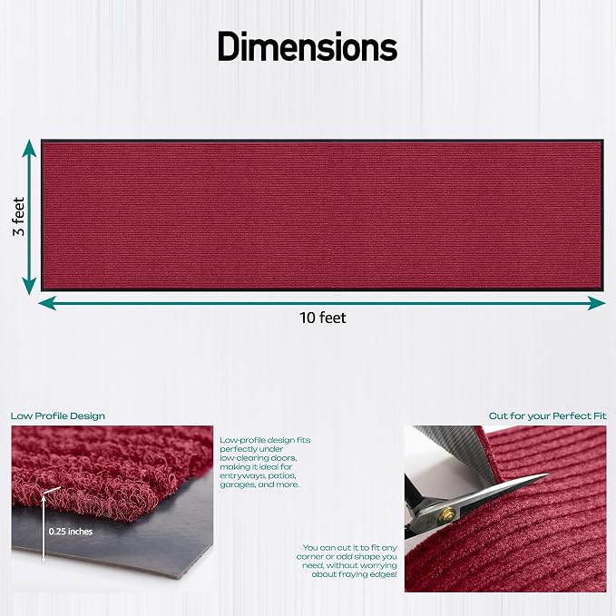 MaxMat® Extra Large Commercial Door Mat, Rubber Border Heavy Duty Door Mat, Waterproof, Low-Profile, Easy to Clean, Rubber Entry Mat. (Red, 3 x 10 Feet)
