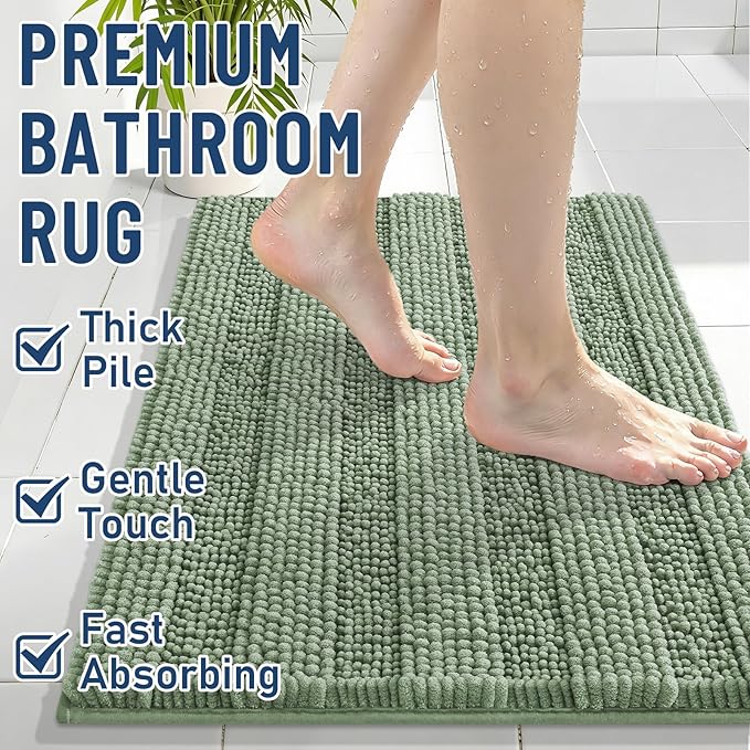 Grandaily Chenille Striped Bathroom Rugs 30x20, Extra Thick and Absorbent Bath Mats, Non-Slip Soft Plush Shaggy Shower Carpet, Machine Wash Dry, Bath Rug for Bathroom, (Medium, Grayish Green)