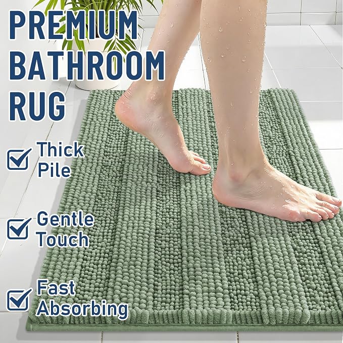 Grandaily Chenille Striped Bathroom Rugs 59x35, Extra Thick and Soft Absorbent Bath Mats, Rubber Backing, Plush Shaggy Shower Carpet, Machine Wash Dry, Bath Rug for Bathroom, Grayish Green