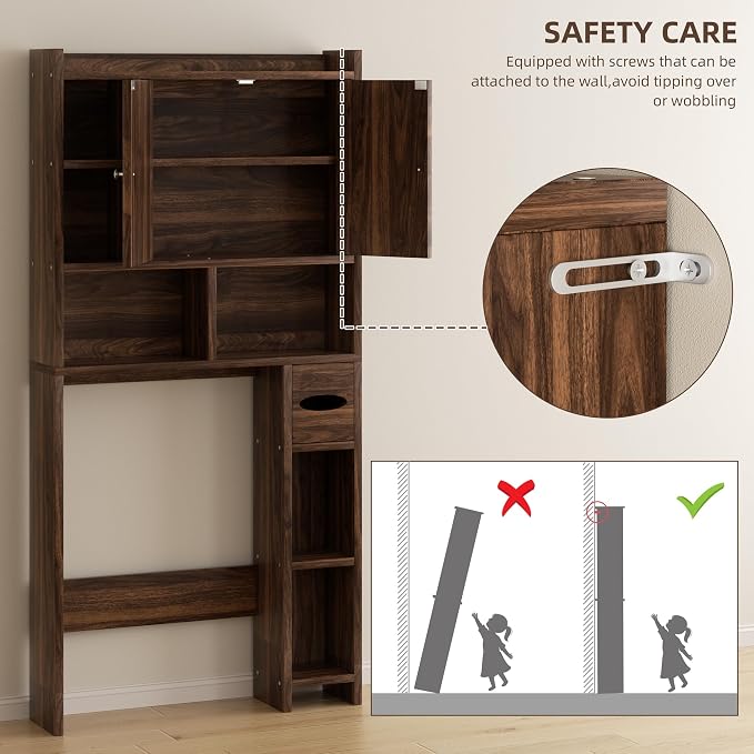 Shintenchi Over the Toilet Storage Cabinet, Bathroom Storage Cabient with Barn Doors, Bathroom Storage Shelf Organizer with Toilet Paper Holder, Adjustable Shelf and Anti-Tip Device, Walnut