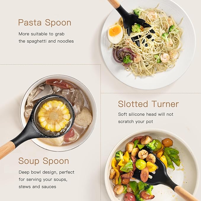 Astercook 39 PCS Kitchen Utensils Set, Silicone Cooking Utensil Sets with Wooden Handle, 446°F Heat Resistant Food Grade Spatula Set, BPA Free Kitchen Gadgets Tools Set & Spoons for Nonstick Cookware