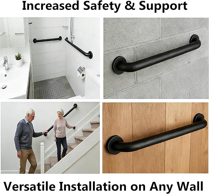 12 Inch Black Stainless Steel Handrail, Safety Grab Bars for Wall, Handicap Grab Bars for Bathroom, Shower, Toilet, RV Handrail, Hand Rails for Indoor Stairs, Stair Railing Indoor & Outdoor (2 Pack)
