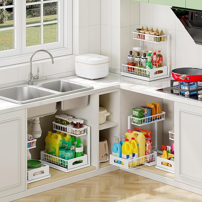 Under Sink Organizer, Cabinet Organizer for Kitchen, Height Adjustable Pull Out Heavy Duty 2 Tier Metal Under Sink Storage for Bathroom Pantry (White, 1 Pack)