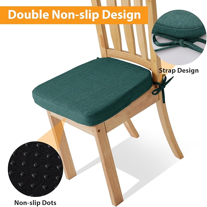 Ruqmuis Chair Cushions for Dining Chairs, 2" Thick Seat Cushions for Kitchen Chairs, D-Shaped Chair Pads with Washable Cover, Ties and Non Slip Backing, 17'' x 16'', Set of 4, Green