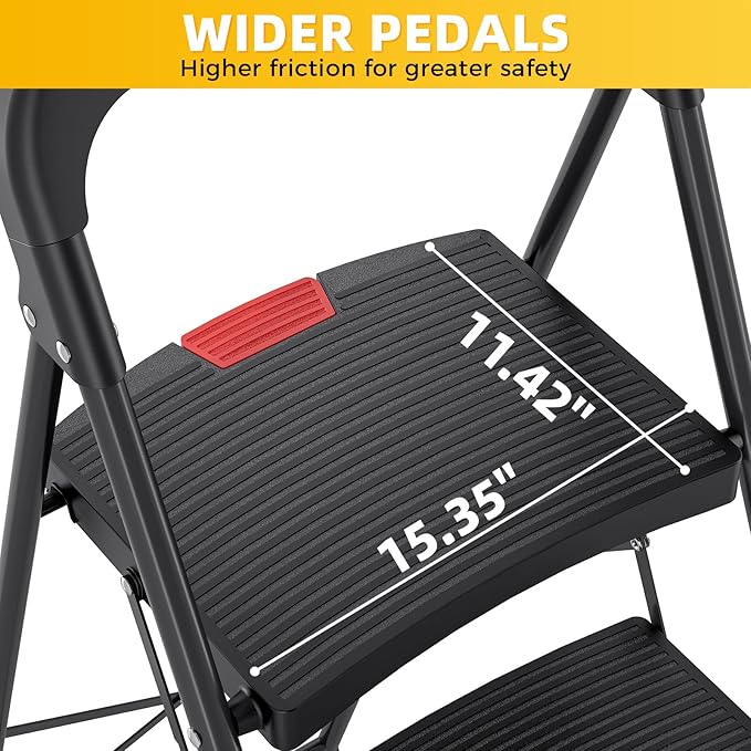 TOOLF 4 Step Ladder Folding Step Stool, Heavy Duty Steel Ladder with Tool Tray, Anti-Slip Wide Pedal, Portable Step Ladder for Home Kitchen Garage, 800 lbs Capacity, Black